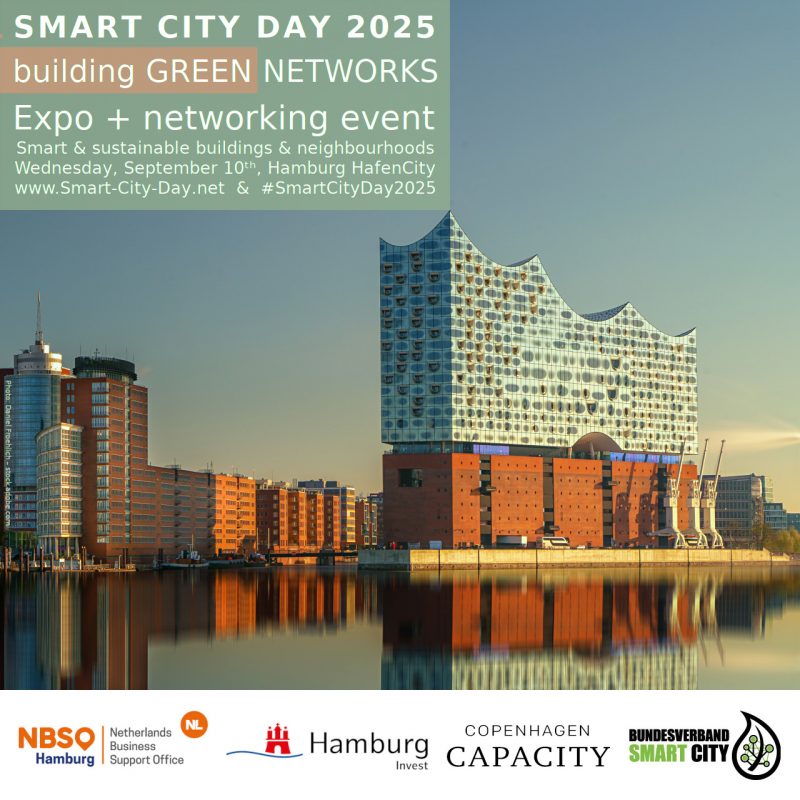 Invitation to the SMART CITY DAY HAMBURG 2025 incl. building-GREEN-NETWORKS dinner event by Bundesverband Smart City e.V. (= German Smart City Association = BVSC); HIW Hamburg Invest, Copenhagen Capacity, NBSO Netherlands Business Support Office Hamburg follow us: #SmartCityDay2025 #SmartCityDayHamburg #buildingGreenNetworks Background Photo by Daniel Froehlich–stock.adobe.com