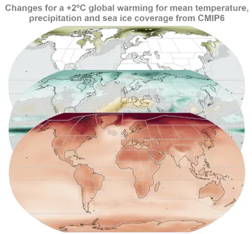 Copernicus Climate Change Service (C3S), ECMWF: Changes for a +2°C global warming for mean temperature precipitation and sea ice coverage from CMIP6 (under under the Creative Commons Attribution 4.0 International (CC BY 4.0) licence)