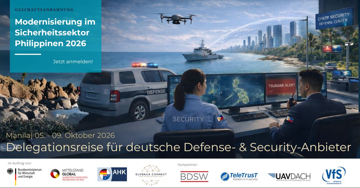 Anmeldeschluss Juli 2026: Geschäftsanbahnungsreise Philippinen: Sicherheit & Verteidigung